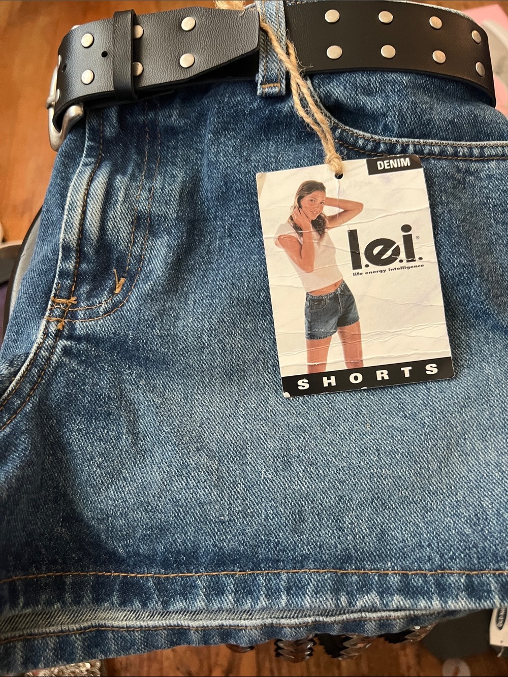 lei Medium Blue Denim Jean Shorts with Studded Black Belt
